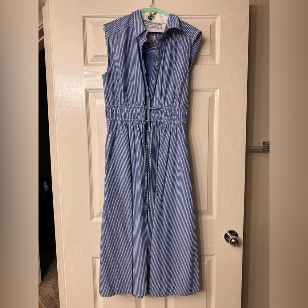 Maeve Blue and White Striped Midi Dress